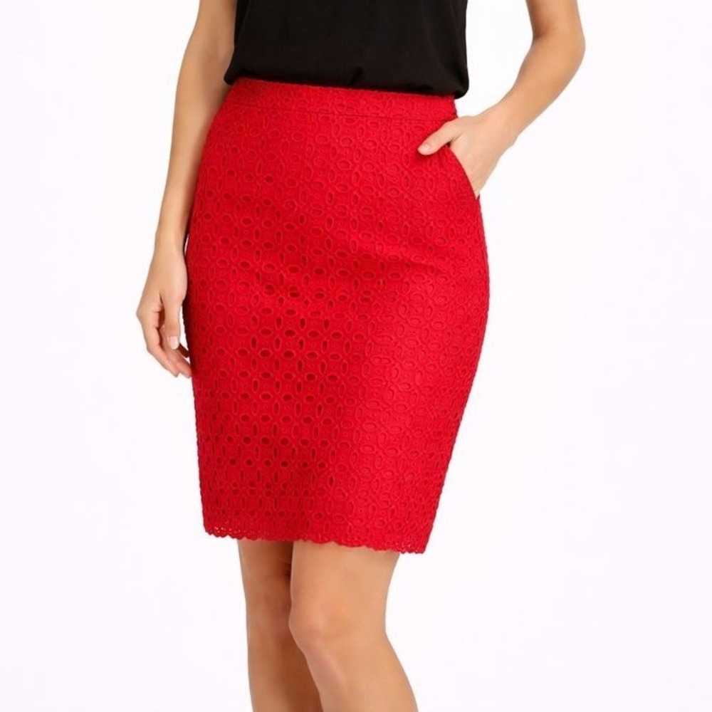 J Crew The Pencil Skirt Red‎ Eyelet Lace Knee Length Size 6